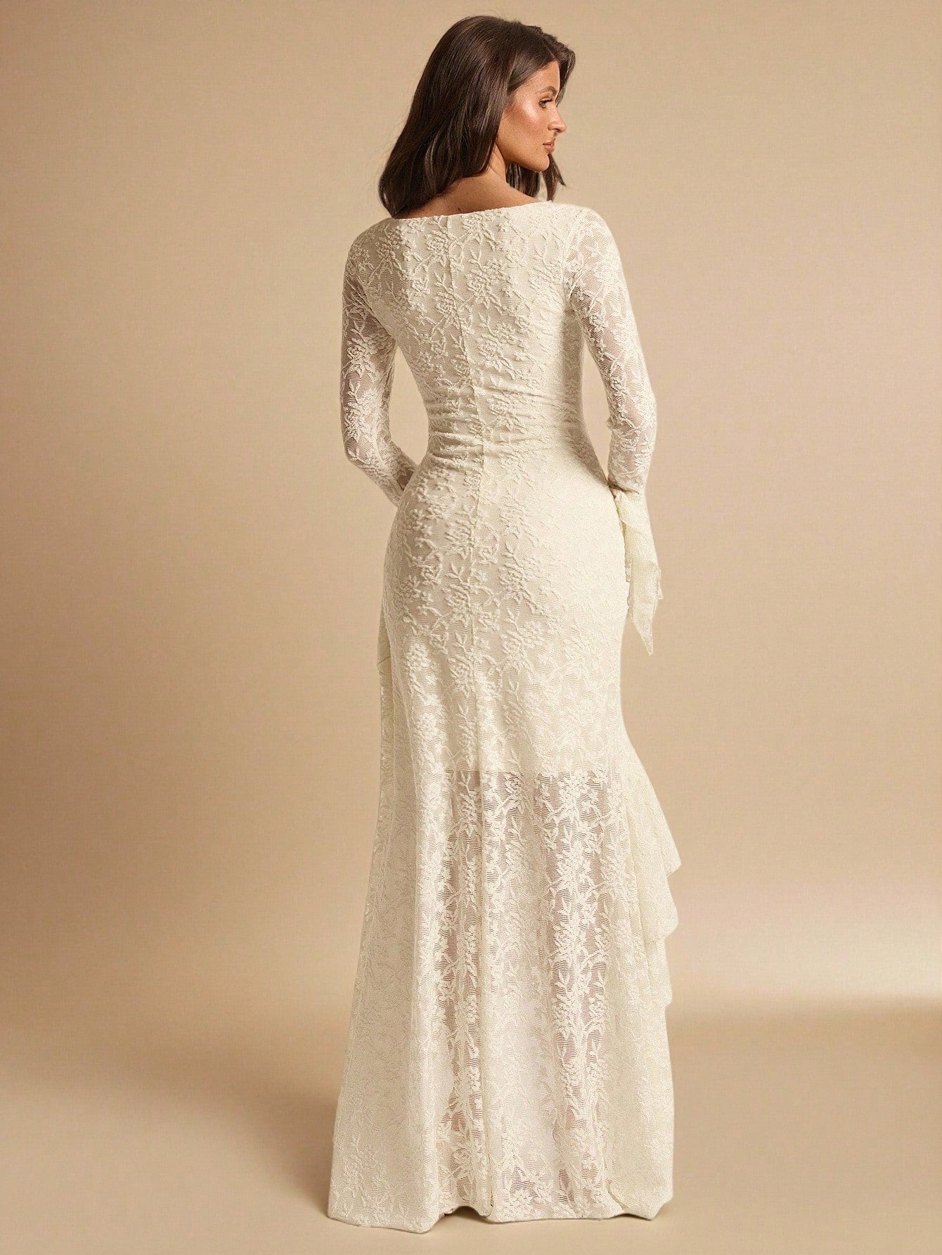 BAE Elegant White Floral Summer Wedding Guest Lace Maxi Dress,Square Neck Ruffle Trim Asymmetric Hem Ivory Rehearsal Dinner Dress Bride Bridesmaid Women