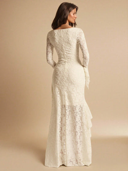 BAE Elegant White Floral Summer Wedding Guest Lace Maxi Dress,Square Neck Ruffle Trim Asymmetric Hem Ivory Rehearsal Dinner Dress Bride Bridesmaid Women