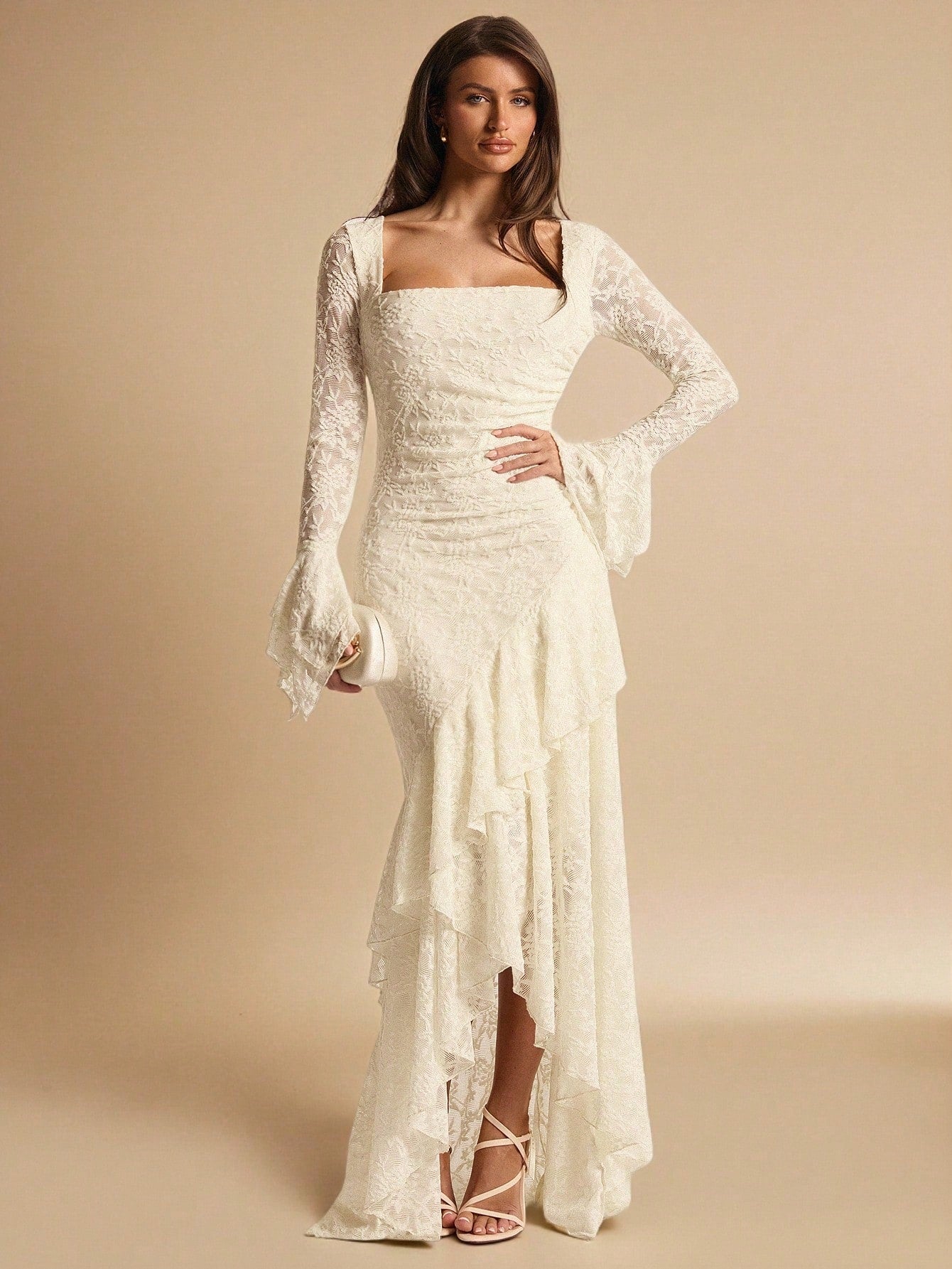 BAE Elegant White Floral Summer Wedding Guest Lace Maxi Dress,Square Neck Ruffle Trim Asymmetric Hem Ivory Rehearsal Dinner Dress Bride Bridesmaid Women