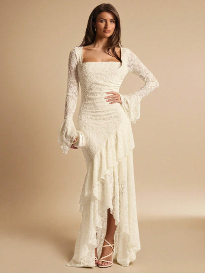 BAE Elegant White Floral Summer Wedding Guest Lace Maxi Dress,Square Neck Ruffle Trim Asymmetric Hem Ivory Rehearsal Dinner Dress Bride Bridesmaid Women