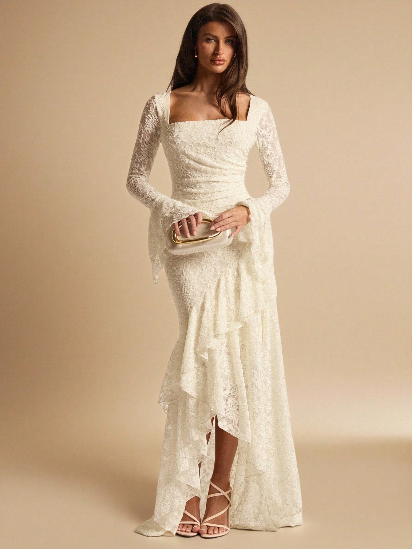 BAE Elegant White Floral Summer Wedding Guest Lace Maxi Dress,Square Neck Ruffle Trim Asymmetric Hem Ivory Rehearsal Dinner Dress Bride Bridesmaid Women