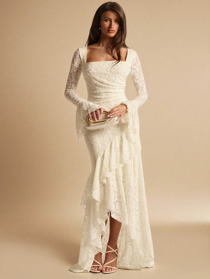 BAE Elegant White Floral Summer Wedding Guest Lace Maxi Dress,Square Neck Ruffle Trim Asymmetric Hem Ivory Rehearsal Dinner Dress Bride Bridesmaid Women