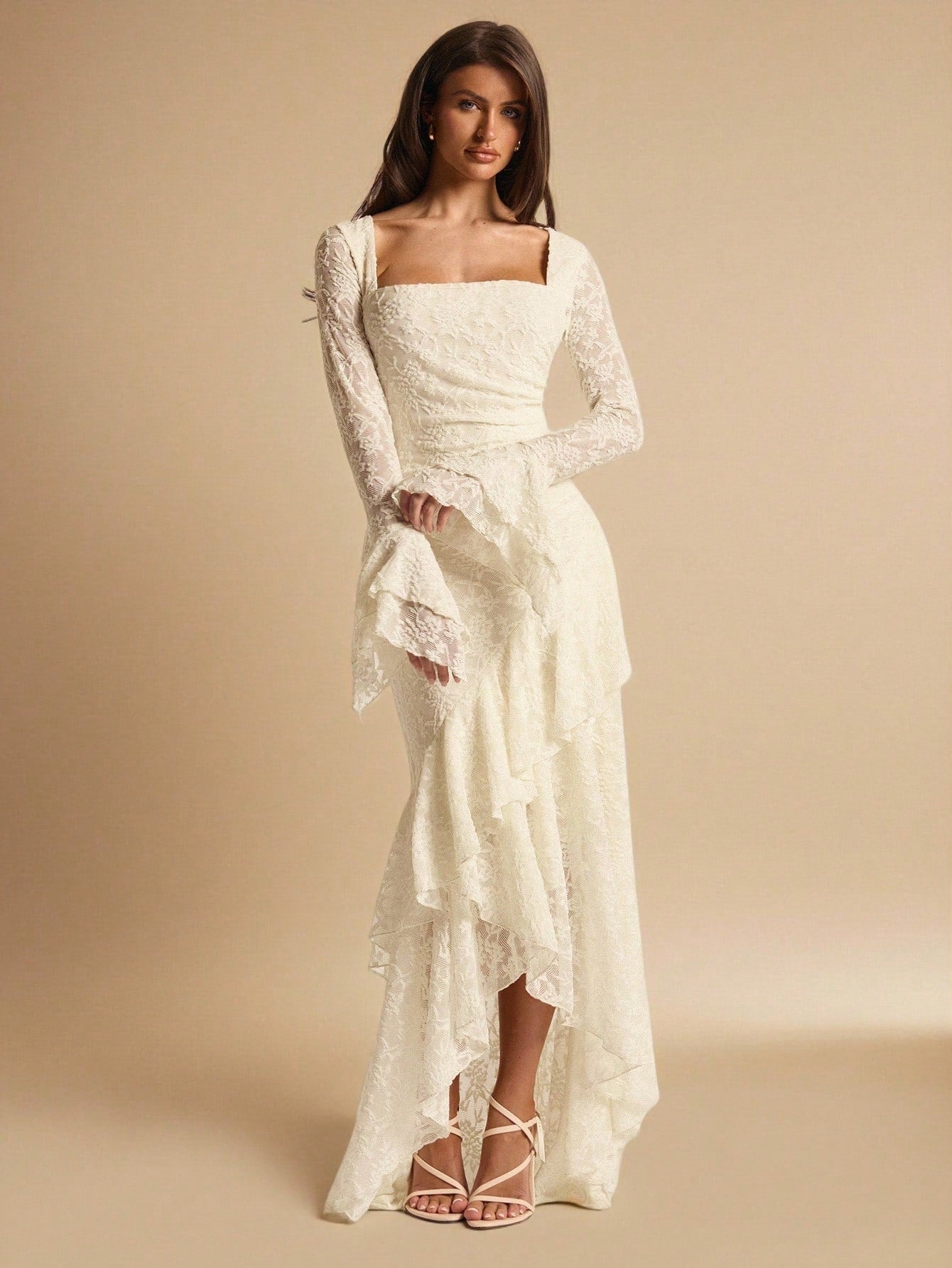 BAE Elegant White Floral Summer Wedding Guest Lace Maxi Dress,Square Neck Ruffle Trim Asymmetric Hem Ivory Rehearsal Dinner Dress Bride Bridesmaid Women
