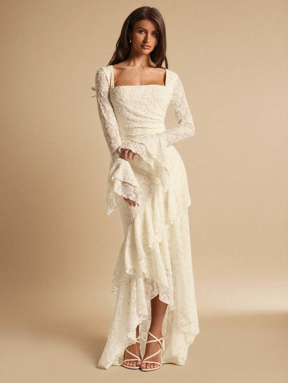 BAE Elegant White Floral Summer Wedding Guest Lace Maxi Dress,Square Neck Ruffle Trim Asymmetric Hem Ivory Rehearsal Dinner Dress Bride Bridesmaid Women