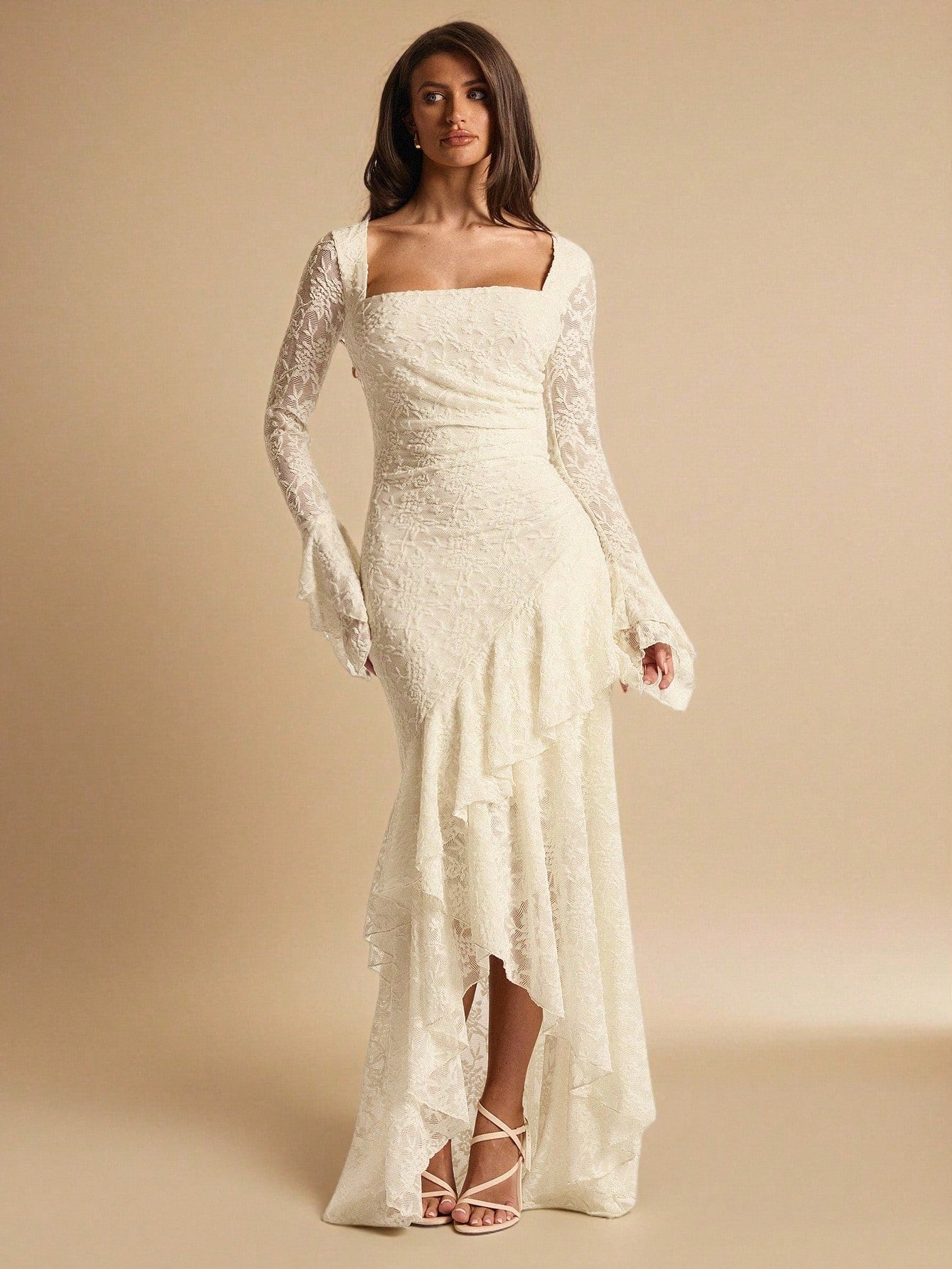 BAE Elegant White Floral Summer Wedding Guest Lace Maxi Dress,Square Neck Ruffle Trim Asymmetric Hem Ivory Rehearsal Dinner Dress Bride Bridesmaid Women
