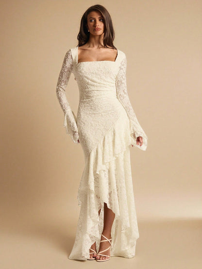 BAE Elegant White Floral Summer Wedding Guest Lace Maxi Dress,Square Neck Ruffle Trim Asymmetric Hem Ivory Rehearsal Dinner Dress Bride Bridesmaid Women