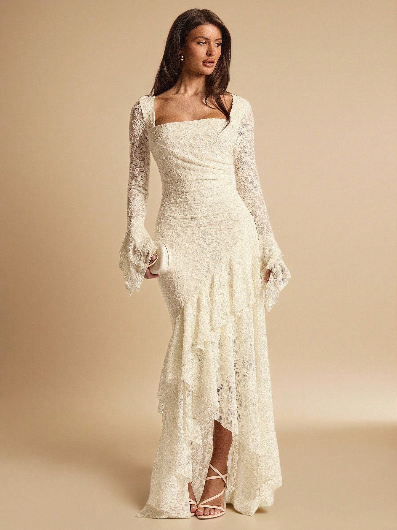BAE Elegant White Floral Summer Wedding Guest Lace Maxi Dress,Square Neck Ruffle Trim Asymmetric Hem Ivory Rehearsal Dinner Dress Bride Bridesmaid Women
