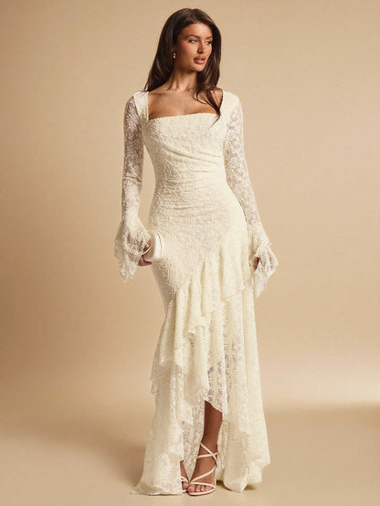 BAE Elegant White Floral Summer Wedding Guest Lace Maxi Dress,Square Neck Ruffle Trim Asymmetric Hem Ivory Rehearsal Dinner Dress Bride Bridesmaid Women