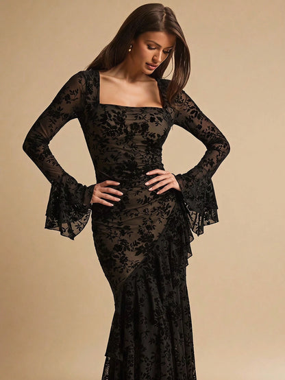 BAE Elegant White Floral Summer Wedding Guest Lace Maxi Dress,Square Neck Ruffle Trim Asymmetric Hem Ivory Rehearsal Dinner Dress Bride Bridesmaid Women