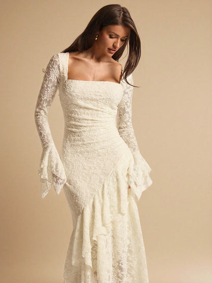 BAE Elegant White Floral Summer Wedding Guest Lace Maxi Dress,Square Neck Ruffle Trim Asymmetric Hem Ivory Rehearsal Dinner Dress Bride Bridesmaid Women