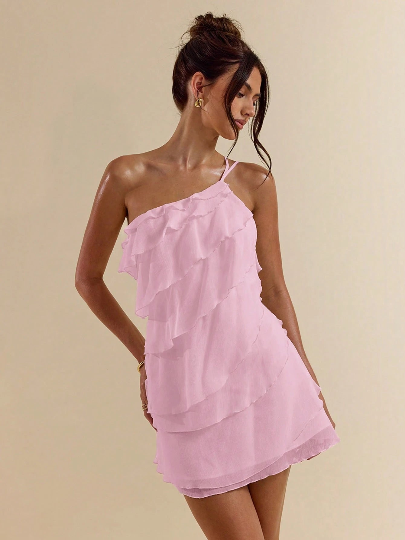 BAE Soft Pink Summer Cute Party Women's Layered Lotus Leaf Cake Mini Dress,Solid Color Beach Vacation Outfits,Night Out Club Cocktail Holiday Clothing
