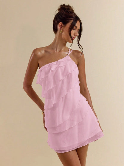 BAE Soft Pink Summer Cute Party Women's Layered Lotus Leaf Cake Mini Dress,Solid Color Beach Vacation Outfits,Night Out Club Cocktail Holiday Clothing
