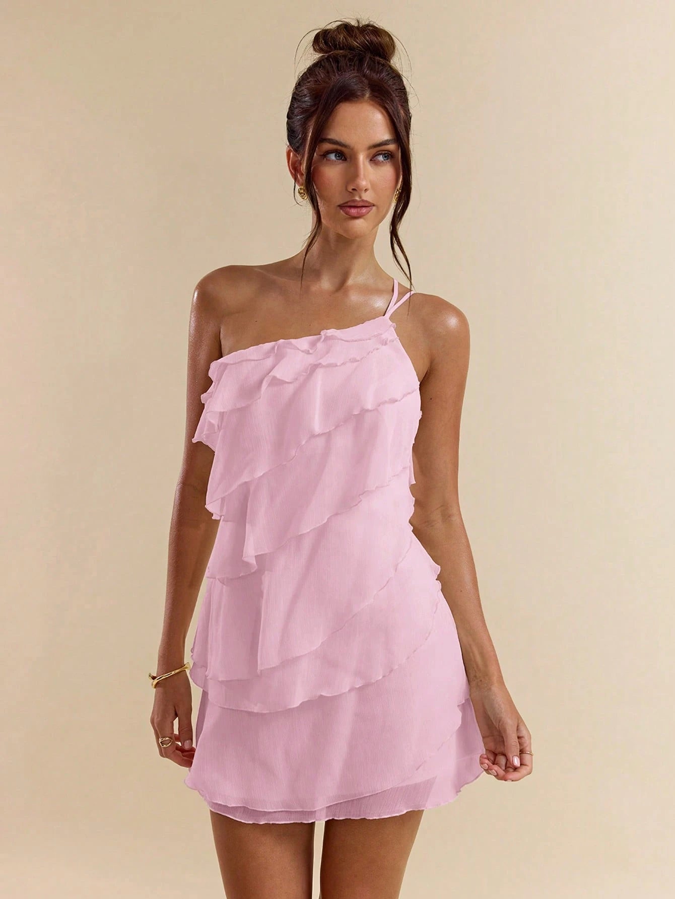 BAE Soft Pink Summer Cute Party Women's Layered Lotus Leaf Cake Mini Dress,Solid Color Beach Vacation Outfits,Night Out Club Cocktail Holiday Clothing