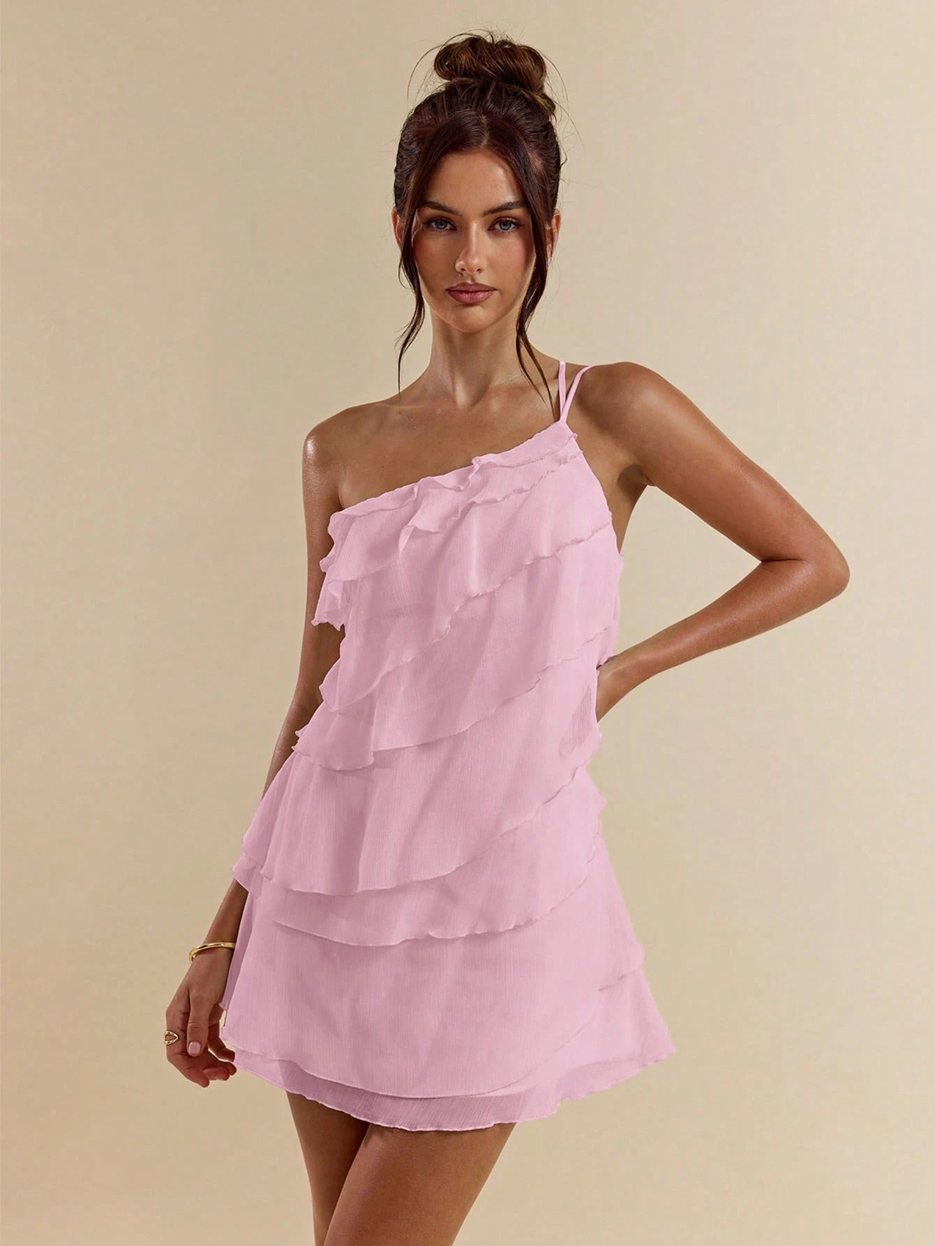 BAE Soft Pink Summer Cute Party Women's Layered Lotus Leaf Cake Mini Dress,Solid Color Beach Vacation Outfits,Night Out Club Cocktail Holiday Clothing
