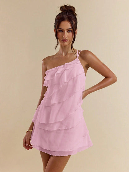 BAE Soft Pink Summer Cute Party Women's Layered Lotus Leaf Cake Mini Dress,Solid Color Beach Vacation Outfits,Night Out Club Cocktail Holiday Clothing
