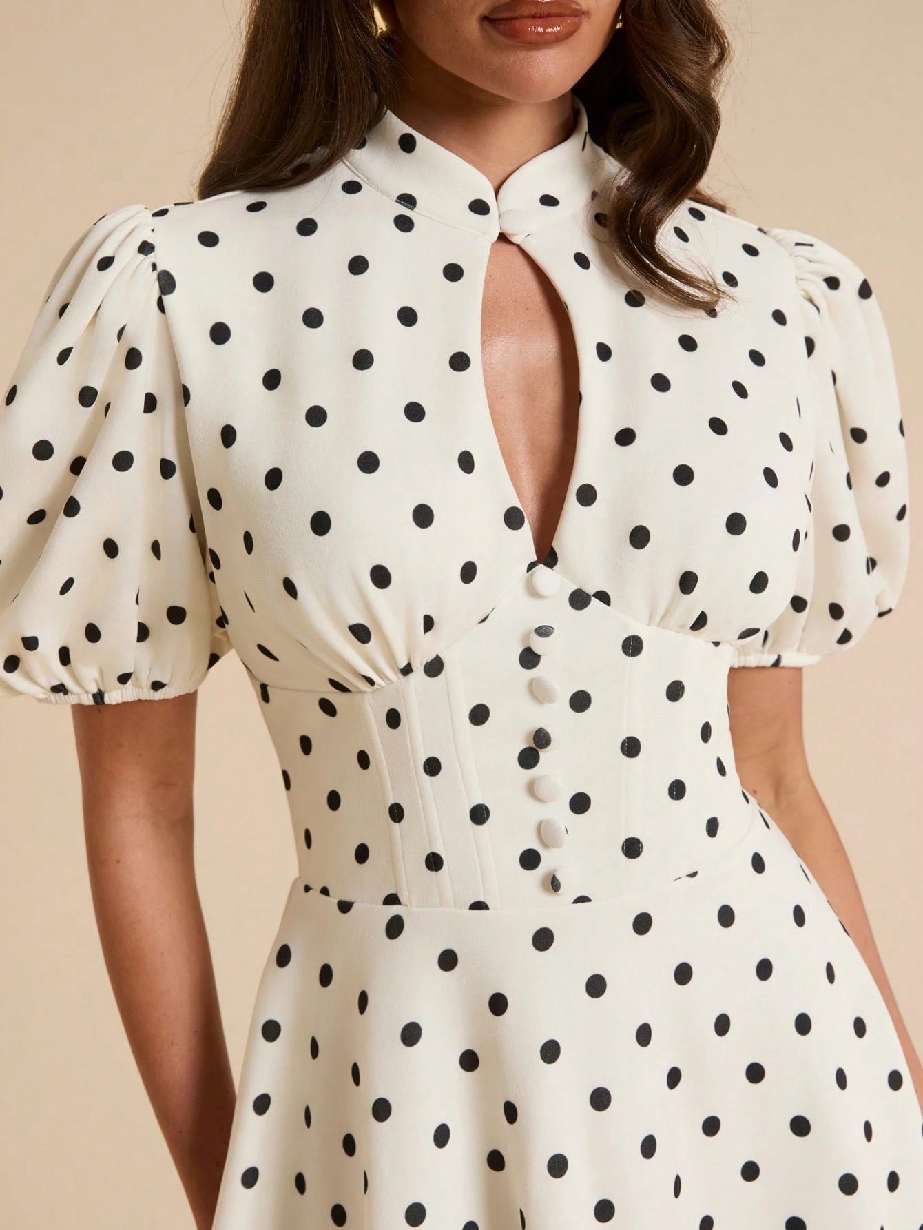 BAE Solid Color Droplet Button Petal Sleeve Waist Cinched Polka Dot Mini Dress For Women, Spring/Summer,Dresses For Women Summer