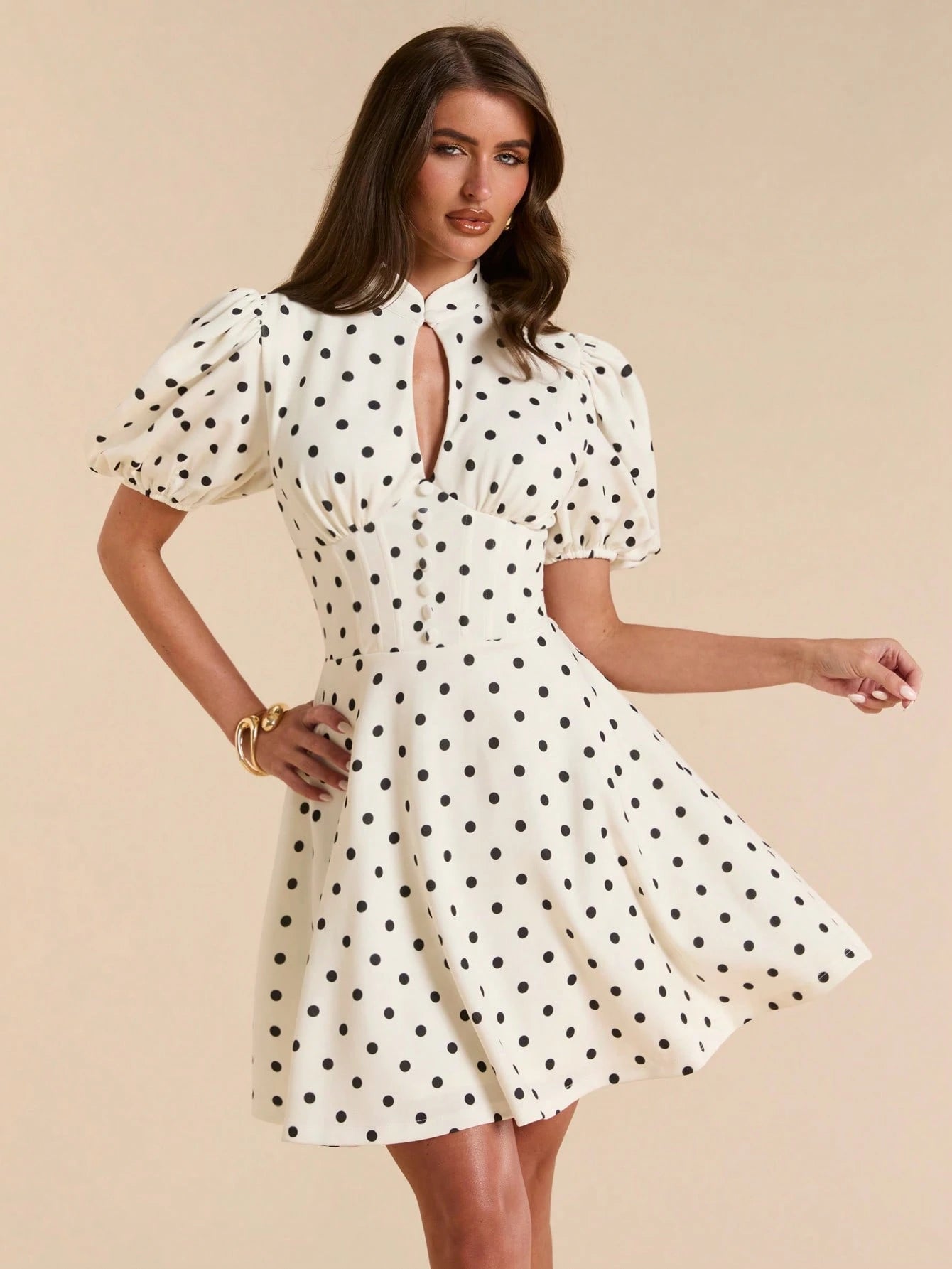 BAE Solid Color Droplet Button Petal Sleeve Waist Cinched Polka Dot Mini Dress For Women, Spring/Summer,Dresses For Women Summer
