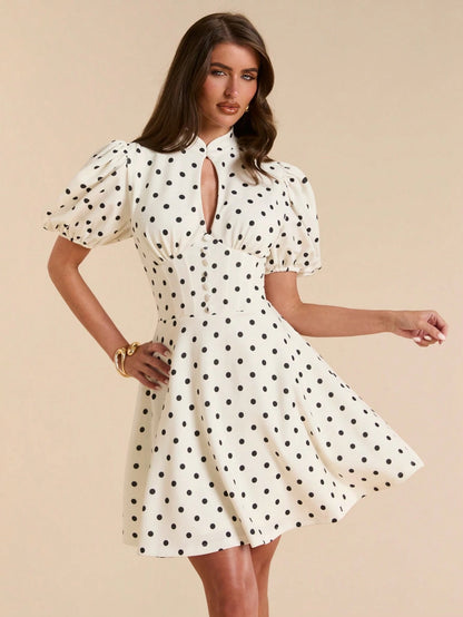 BAE Solid Color Droplet Button Petal Sleeve Waist Cinched Polka Dot Mini Dress For Women, Spring/Summer,Dresses For Women Summer