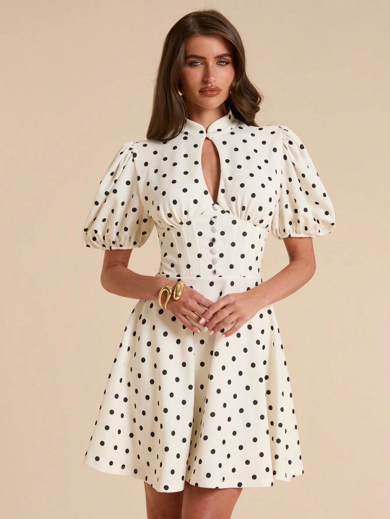 BAE Solid Color Droplet Button Petal Sleeve Waist Cinched Polka Dot Mini Dress For Women, Spring/Summer,Dresses For Women Summer