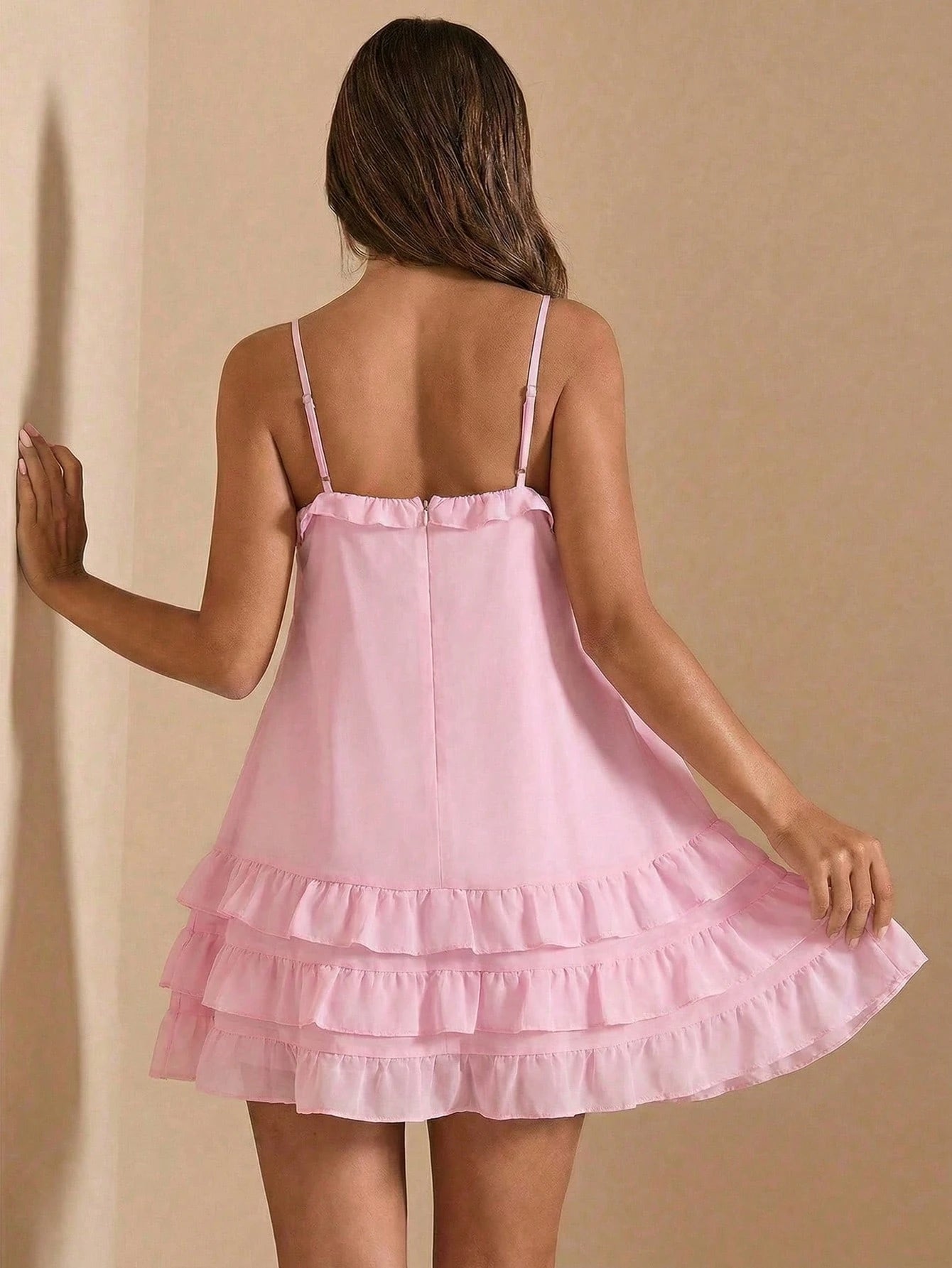 BAE Solid Color Pink Chiffon V-Neck Ruffle Hem Women's Sundress, Floral Print Suitable For Vacation, Beach, Brunch, Valentine's Day, Tea Party Dress