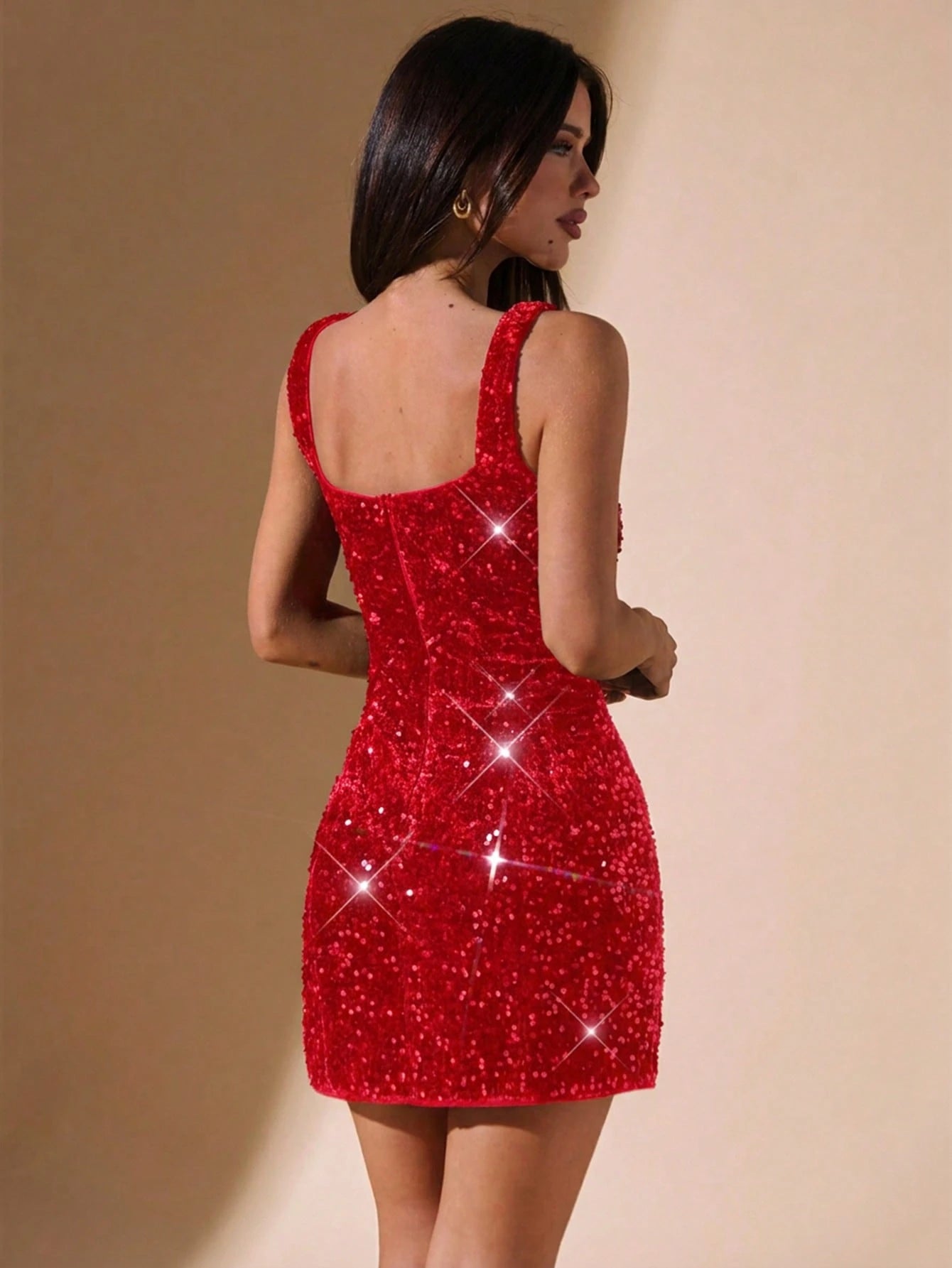 BAE Women's Black Velvet Sequin Square Neck Mini Dress,70s Elegant Winter Party Clubwear,Night Out Cocktail Formal Event Halloween Christmas Outfits