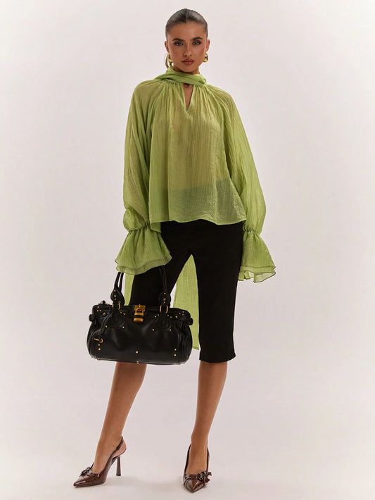 BAE Women's Casual Vacation Style Cutout Wrap Collar Ruffle Sleeve Semi-Sheer Loose Blouse, Spring/Summer/Green Top/Office Attire For Women/Work Outfits For Women