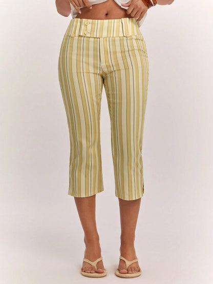 BAE Women's Cute Casual Holiday Colorful Striped Low-Waist Slit Capri Pants, Resort Length Outdoor Y2K Style Vintage
