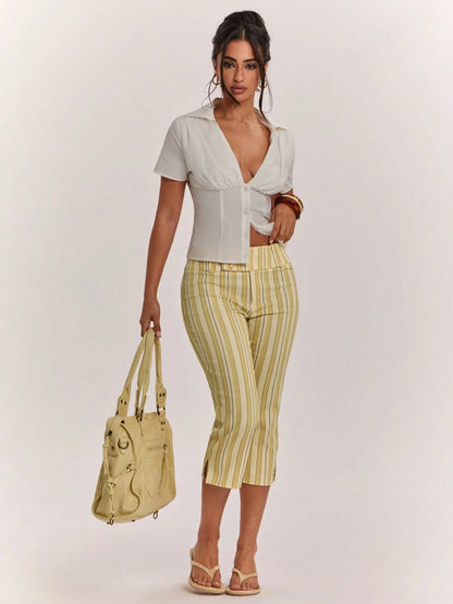 BAE Women's Cute Casual Holiday Colorful Striped Low-Waist Slit Capri Pants, Resort Length Outdoor Y2K Style Vintage