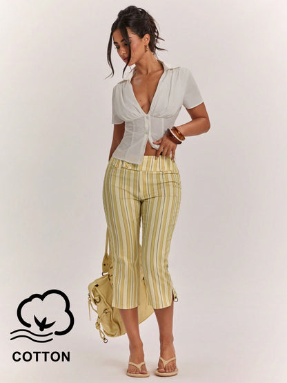 BAE Women's Cute Casual Holiday Colorful Striped Low-Waist Slit Capri Pants, Resort Length Outdoor Y2K Style Vintage