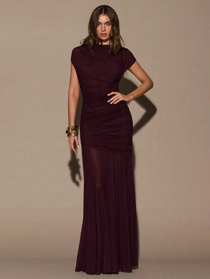 BAE Women's Dark Purple Sleeveless Round Neck Ruched Bodycon Dress, Elegant Venus Lady Extra Long Wine Dress For Summer Cocktail Dinner Dining Formal