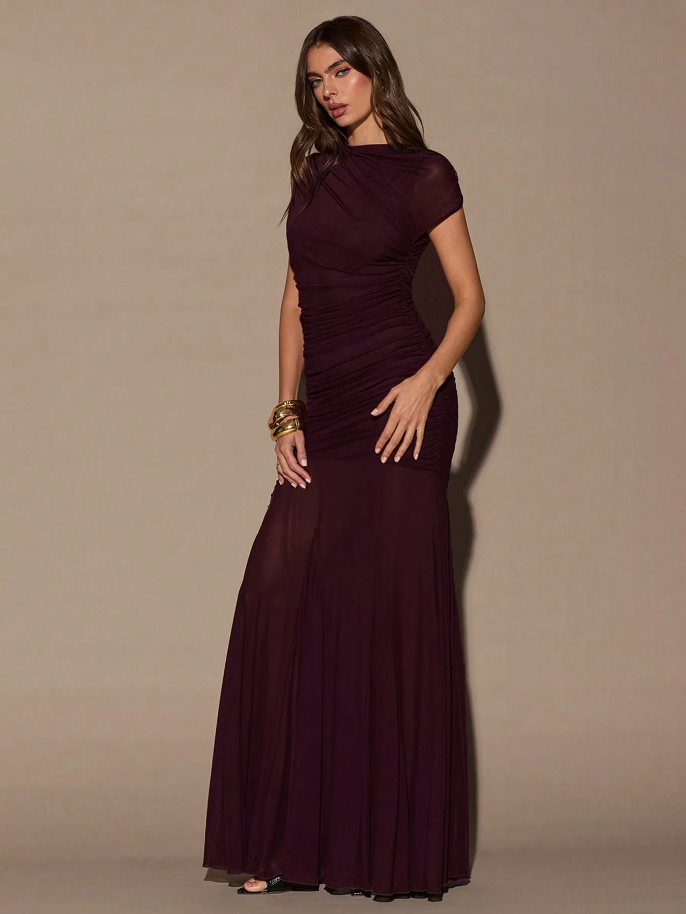 BAE Women's Dark Purple Sleeveless Round Neck Ruched Bodycon Dress, Elegant Venus Lady Extra Long Wine Dress For Summer Cocktail Dinner Dining Formal