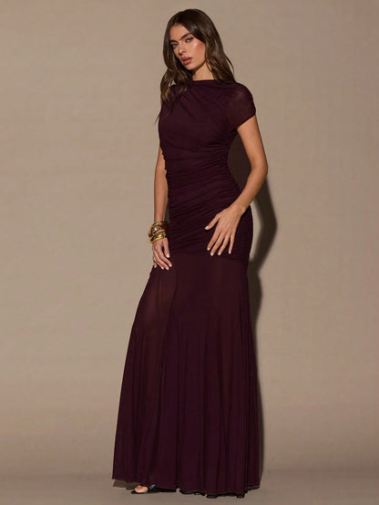 BAE Women's Dark Purple Sleeveless Round Neck Ruched Bodycon Dress, Elegant Venus Lady Extra Long Wine Dress For Summer Cocktail Dinner Dining Formal