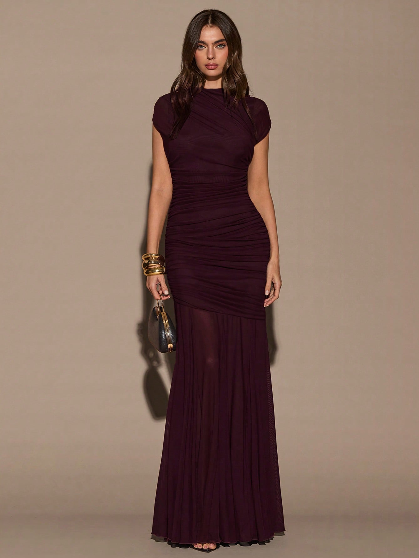 BAE Women's Dark Purple Sleeveless Round Neck Ruched Bodycon Dress, Elegant Venus Lady Extra Long Wine Dress For Summer Cocktail Dinner Dining Formal