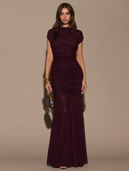 BAE Women's Dark Purple Sleeveless Round Neck Ruched Bodycon Dress, Elegant Venus Lady Extra Long Wine Dress For Summer Cocktail Dinner Dining Formal
