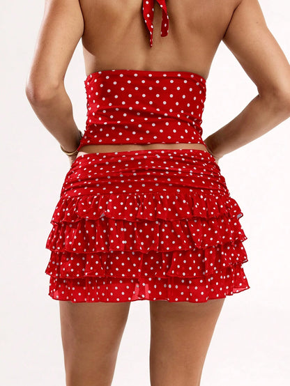 BAE Women's Dot Print Ruched Layered Casual Skirt, Christmas Clothes