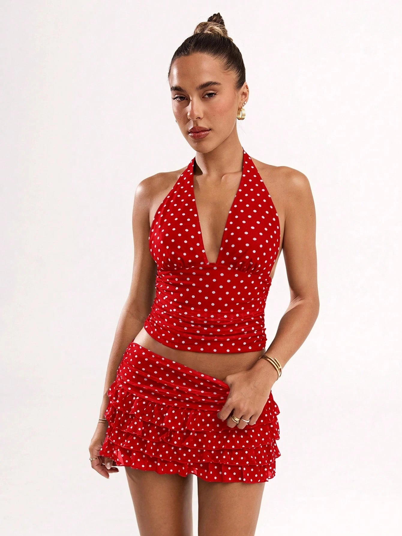BAE Women's Dot Print Ruched Layered Casual Skirt, Christmas Clothes