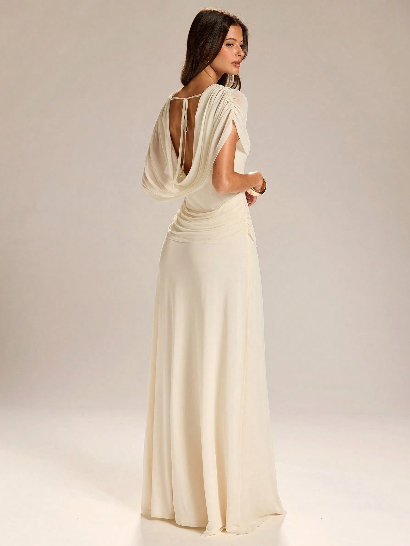 BAE Women's Elegant French Style White Summer Ruched Neck Backless Slit Hem Dress,Apricot Dining Gown For Wedding Guest,Valentine's Day & Garden Parties