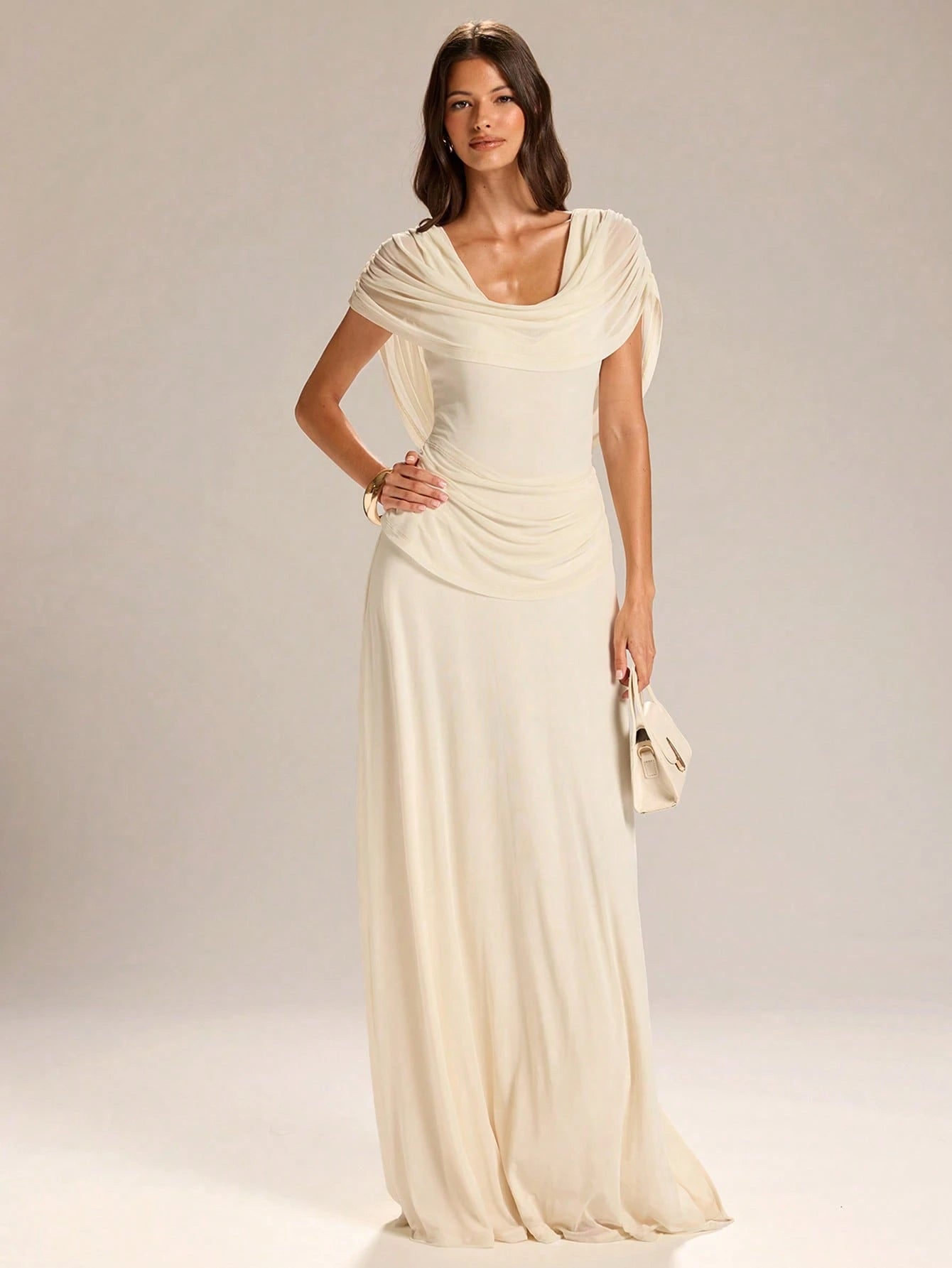 BAE Women's Elegant French Style White Summer Ruched Neck Backless Slit Hem Dress,Apricot Dining Gown For Wedding Guest,Valentine's Day & Garden Parties