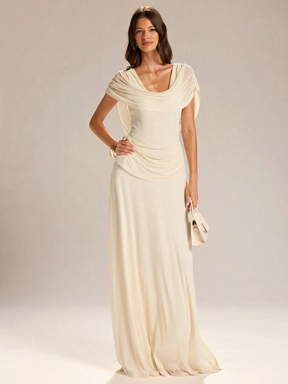 BAE Women's Elegant French Style White Summer Ruched Neck Backless Slit Hem Dress,Apricot Dining Gown For Wedding Guest,Valentine's Day & Garden Parties