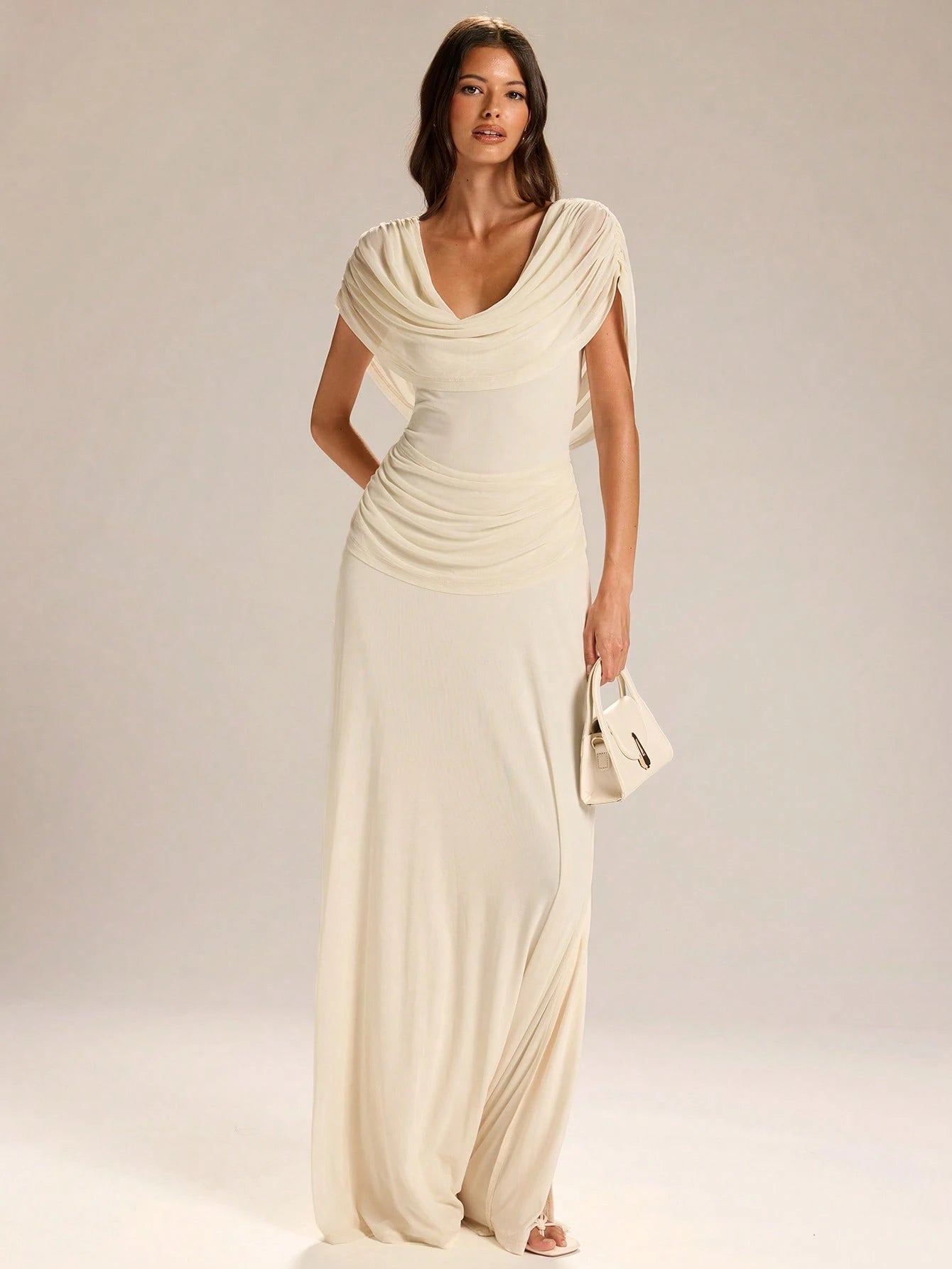 BAE Women's Elegant French Style White Summer Ruched Neck Backless Slit Hem Dress,Apricot Dining Gown For Wedding Guest,Valentine's Day & Garden Parties