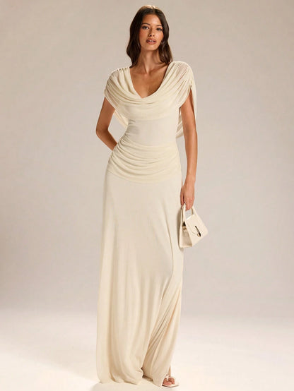 BAE Women's Elegant French Style White Summer Ruched Neck Backless Slit Hem Dress,Apricot Dining Gown For Wedding Guest,Valentine's Day & Garden Parties