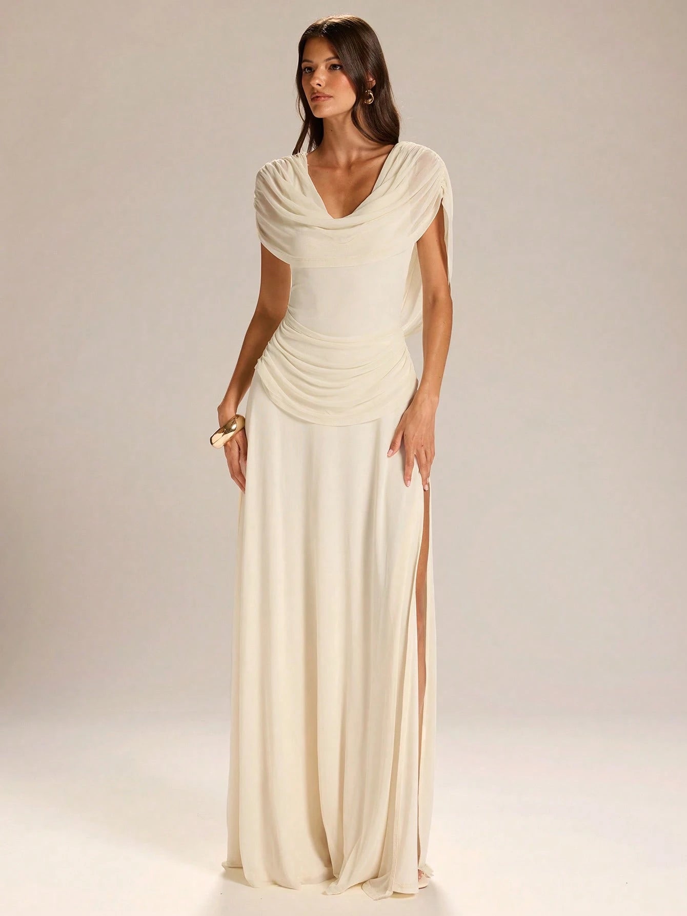 BAE Women's Elegant French Style White Summer Ruched Neck Backless Slit Hem Dress,Apricot Dining Gown For Wedding Guest,Valentine's Day & Garden Parties