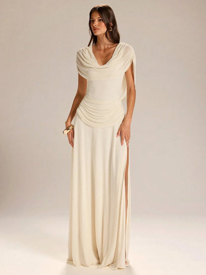 BAE Women's Elegant French Style White Summer Ruched Neck Backless Slit Hem Dress,Apricot Dining Gown For Wedding Guest,Valentine's Day & Garden Parties
