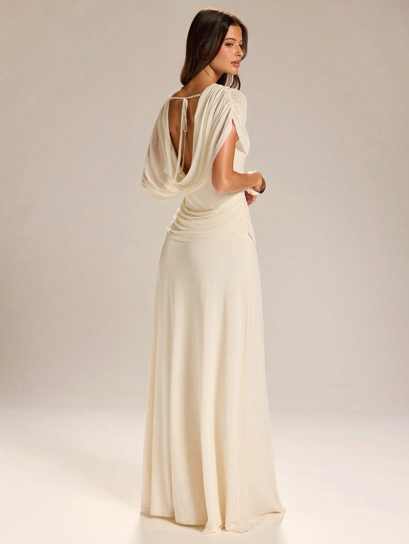 BAE Women's Elegant French Style White Summer Ruched Neck Backless Slit Hem Dress,Apricot Dining Gown For Wedding Guest,Valentine's Day & Garden Parties