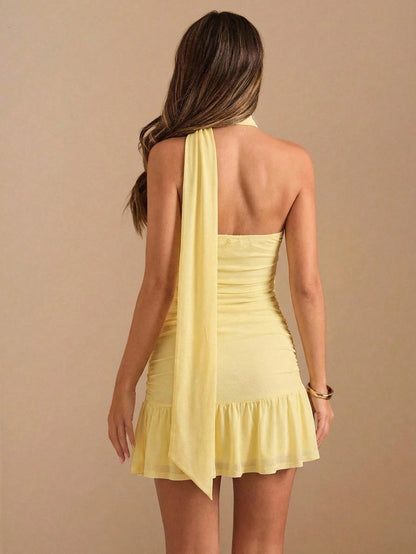 BAE Women's Solid Pale Yellow Tube Ruffled Hem Mini Dress, Dress,Summer Dress Party Night Out Date Night Sexy