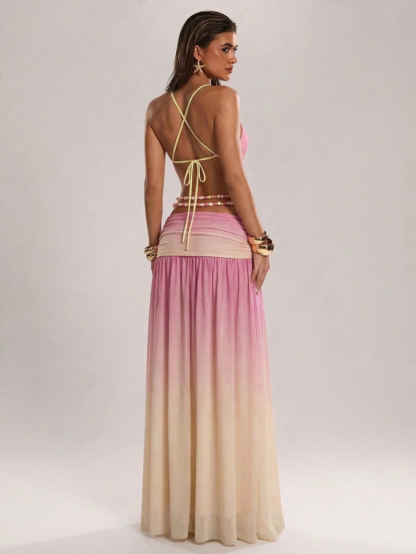 BAE Women's Y2K Backless Pink Gradient Maxi Dress With Metal Button,Pearl Chain Decor,Pink And Yellow,Summer,Casual,Holiday,Vacation,Holiday Party