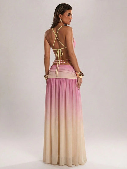 BAE Women's Y2K Backless Pink Gradient Maxi Dress With Metal Button,Pearl Chain Decor,Pink And Yellow,Summer,Casual,Holiday,Vacation,Holiday Party