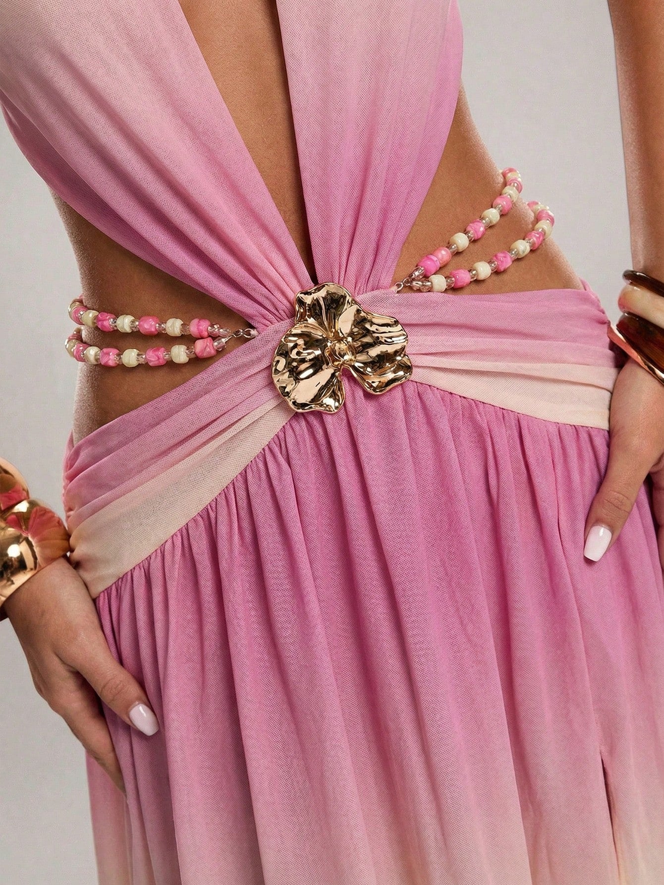 BAE Women's Y2K Backless Pink Gradient Maxi Dress With Metal Button,Pearl Chain Decor,Pink And Yellow,Summer,Casual,Holiday,Vacation,Holiday Party