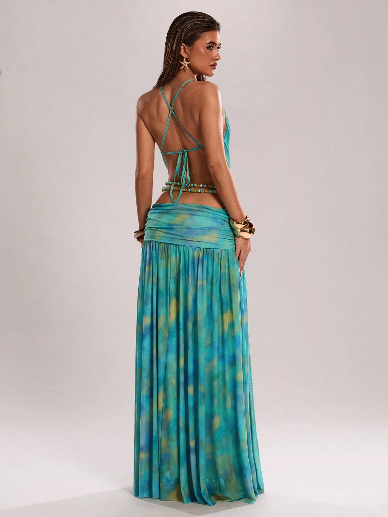 BAE Women's Y2K Backless Pink Gradient Maxi Dress With Metal Button,Pearl Chain Decor,Pink And Yellow,Summer,Casual,Holiday,Vacation,Holiday Party