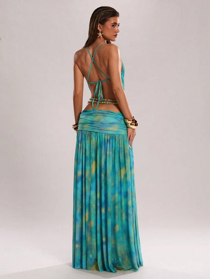 BAE Women's Y2K Backless Pink Gradient Maxi Dress With Metal Button,Pearl Chain Decor,Pink And Yellow,Summer,Casual,Holiday,Vacation,Holiday Party